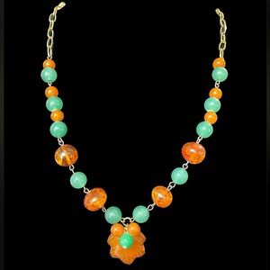 Rare Vintage Carved Baltic Amber and Jade Beaded Necklace